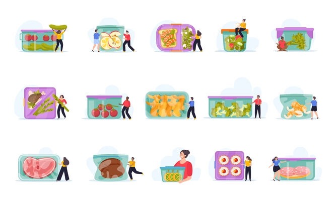Food containers and zero waste storage set of isolated icons with doodle people and plastic boxes vector illustration