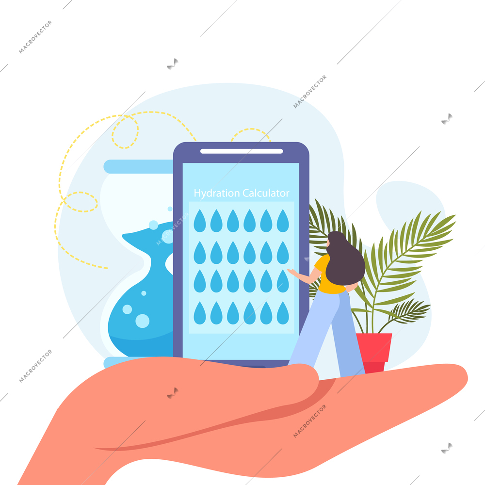 Water balance flat background with composition of human hand holding smartphone with water drops on screen vector illustration