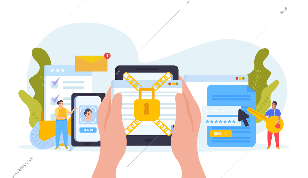 Smartphone data protection flat composition with computer screens documents with lock on chains key and people vector illustration