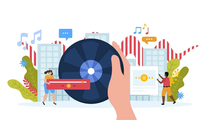 Music school flat composition with doodle people hand with vinyl disk media players and musical notes vector illustration
