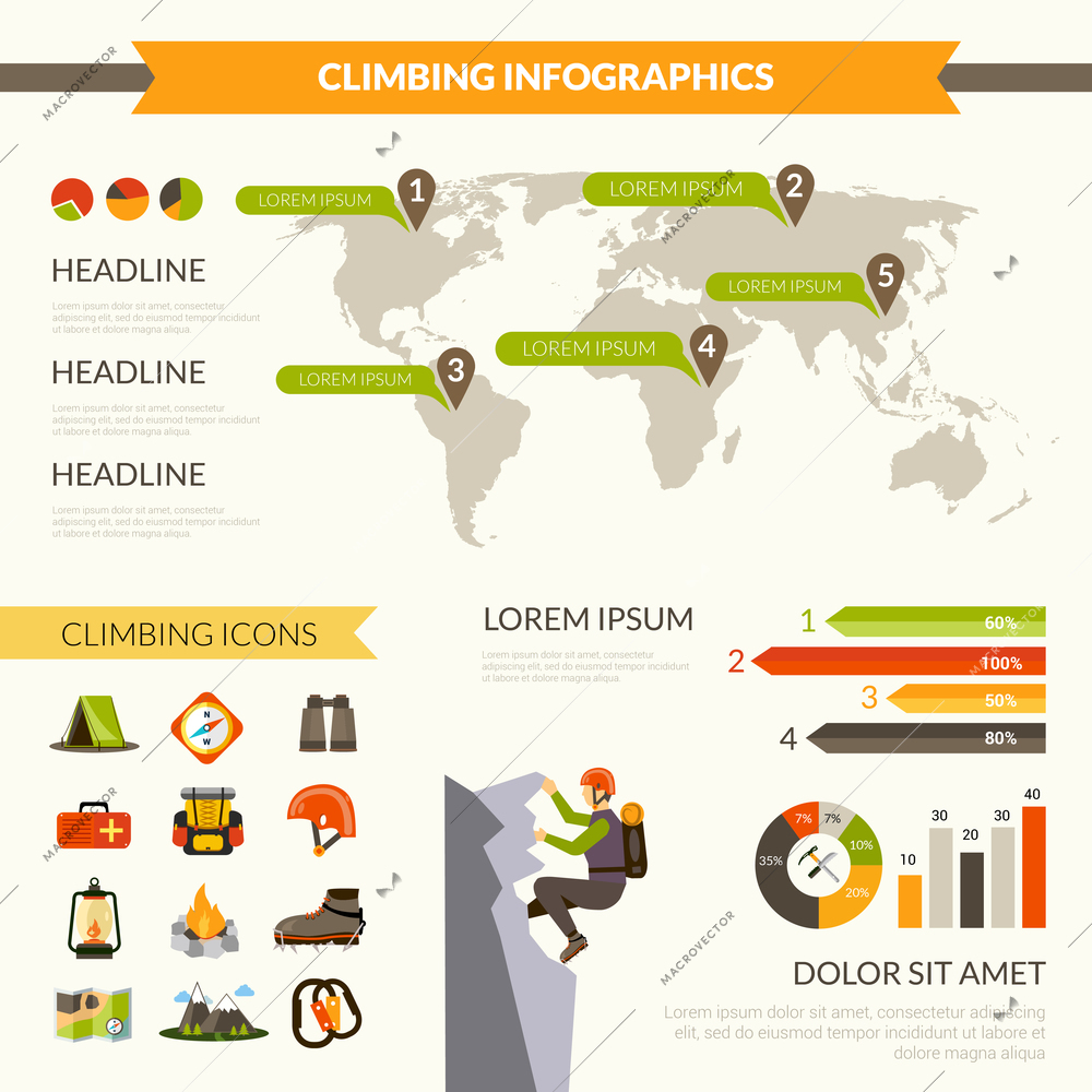 Climbing infographics set with mountain tourism symbols and charts vector illustration