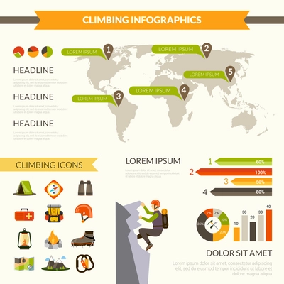 Climbing infographics set with mountain tourism symbols and charts vector illustration