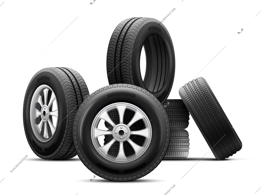 Car wheel tires stacked on top of each other realistic composition at white background vector illustration