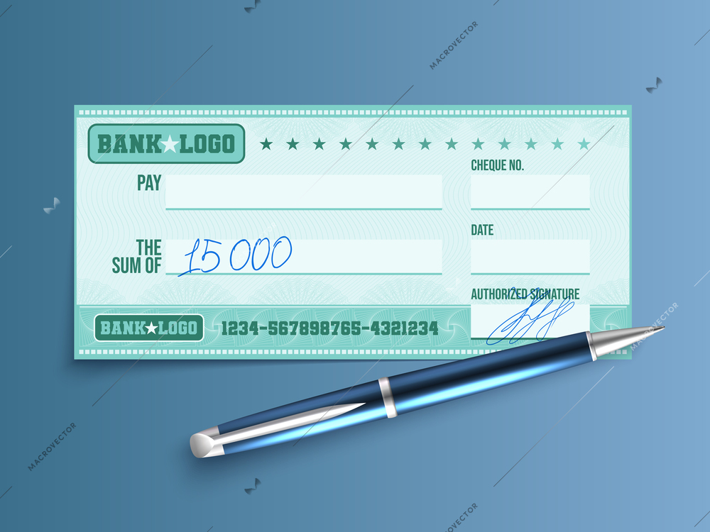 Business concept with pen and signed bank check with filled handwritten sum realistic vector illustration