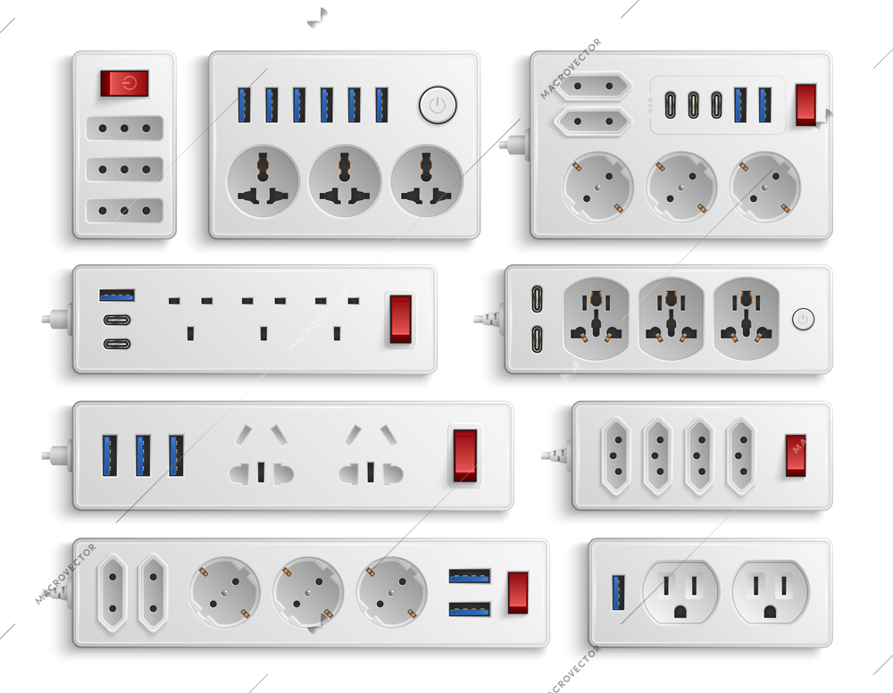 AC current equipment realistic set of wall socket extension with different ports connectors and cords isolated vector illustration