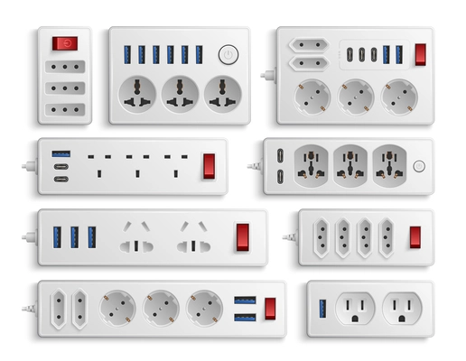 AC current equipment realistic set of wall socket extension with different ports connectors and cords isolated vector illustration