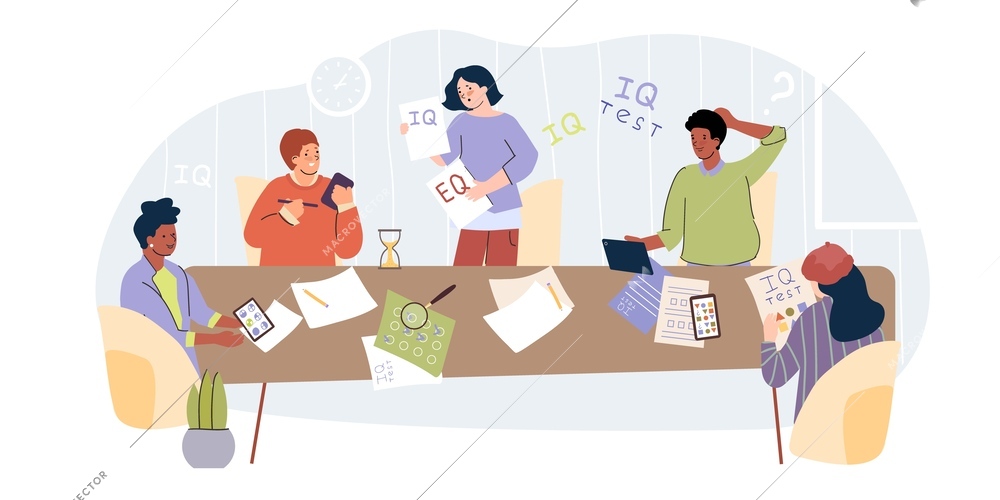 Iq test flat composition with view of testing session with people sitting at table solving puzzles vector illustration