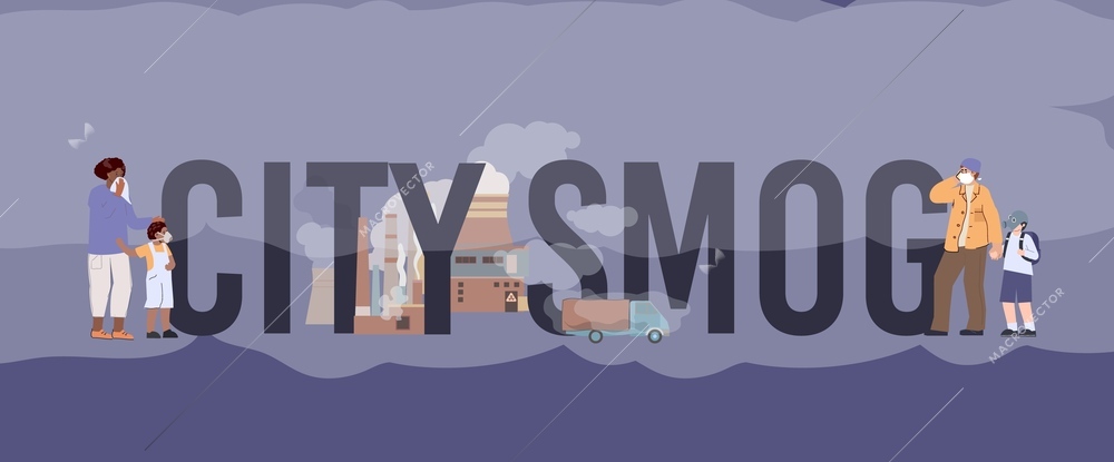 City smog composition with flat text surrounded by image of foggy factory with truck and people vector illustration