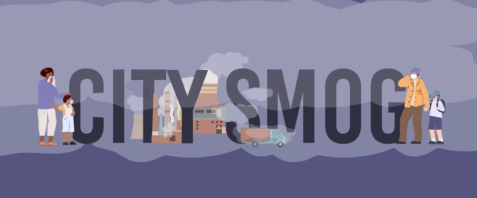 City smog composition with flat text surrounded by image of foggy factory with truck and people vector illustration