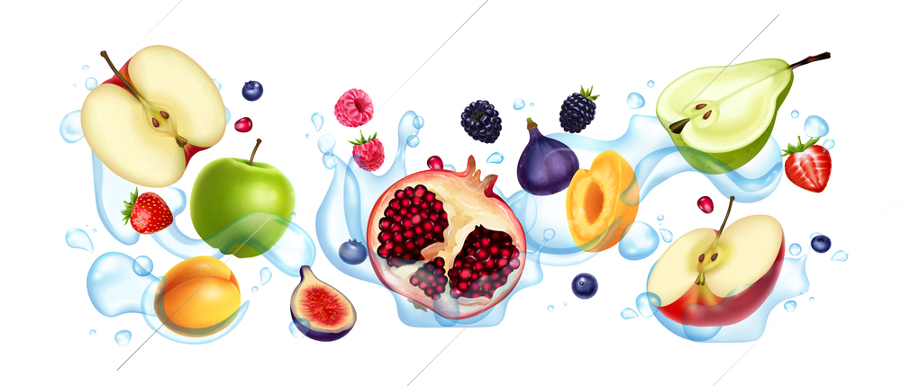 Realistic fresh ripe fruits floating in water splashes vector illustration