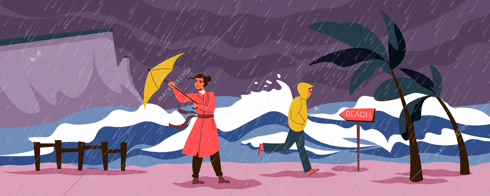Rain storm flat concept with people near seashore vector illustration