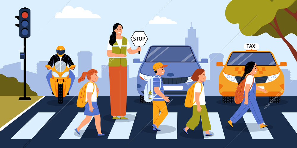 Safety and transport background with pedestrian children symbols flat vector illustration