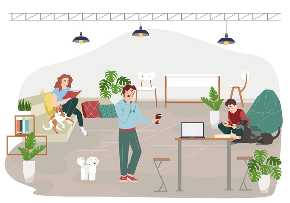 Pet friendly interior composition with work and public symbols flat vector illustration
