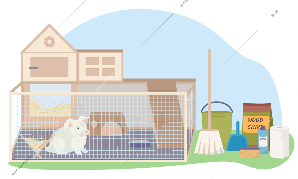 Exotic pets concept with rabbit care symbols flat vector illustration