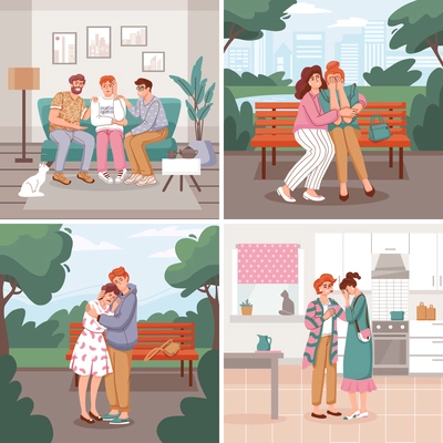 People support flat set of isolated square compositions with hugging partners friends and family member characters vector illustration