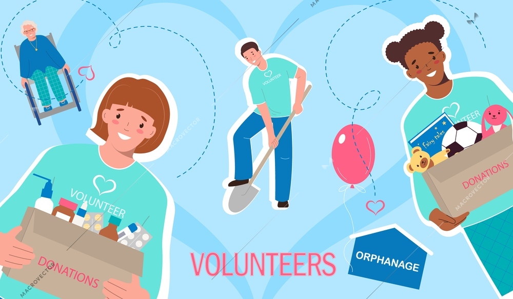 Volunteering flat collage with happy elderly man people collecting donations working in garden vector illustration