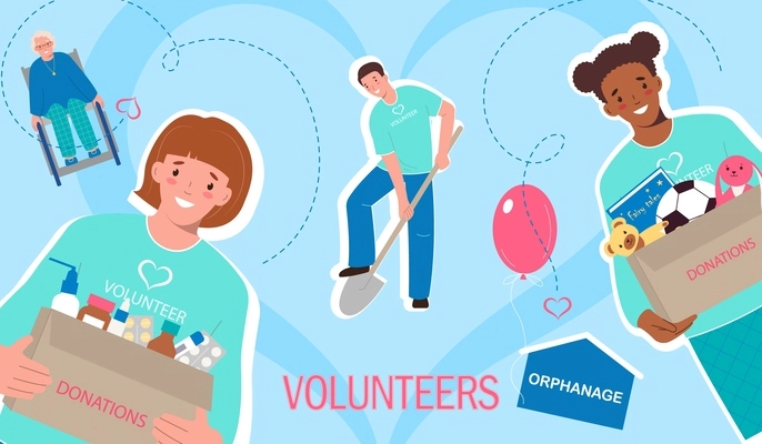 Volunteering flat collage with happy elderly man people collecting donations working in garden vector illustration