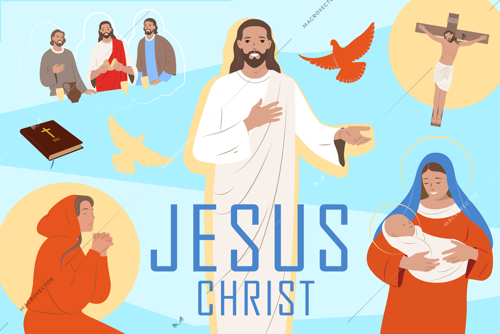 Jesis christ life flat collage with his mother mary and crucifixion vector illustration