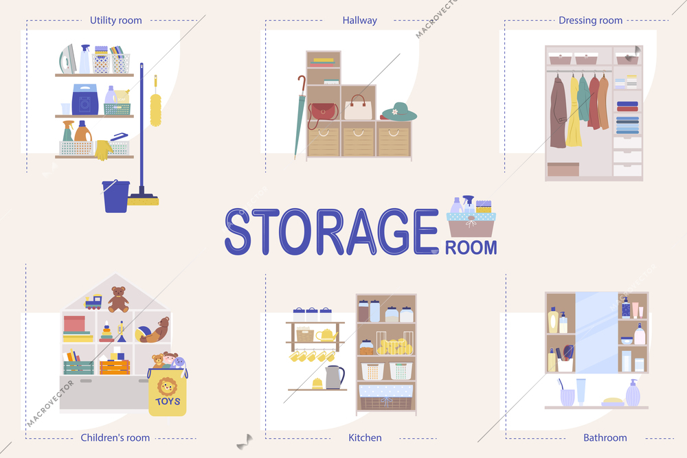 Storage room interior flat infographic with utility toys wardrobe kitchen bathroom and hallway vector illustration