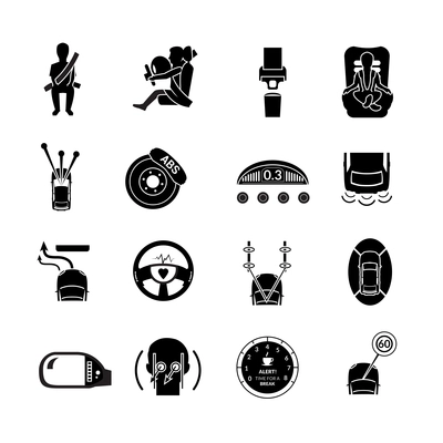 Car safety auto transportation protection icons black set isolated vector illustration