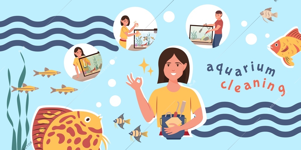 Aquarium cleaning care composition with collage of flat fish icons waves bubbles and doodle human characters vector illustration