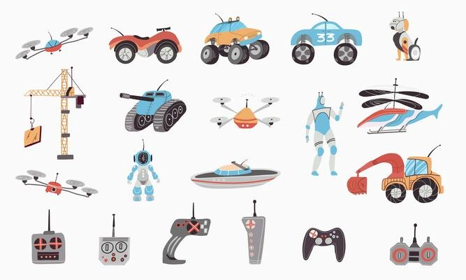 Control toys set with transport and drones symbols flat isolated vector illustration