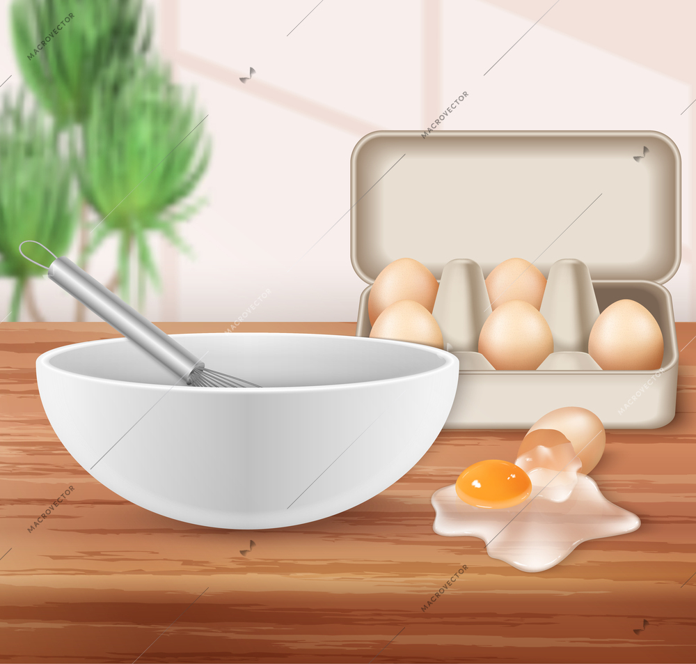 Farm eggs realistic background with   whisk for whipping in bowl and broken raw egg spread on table vector illustration