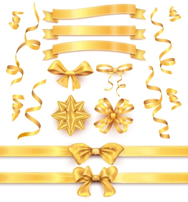 Holiday collection of realistic gold ribbons and bows for gift decoration isolated vector illustration