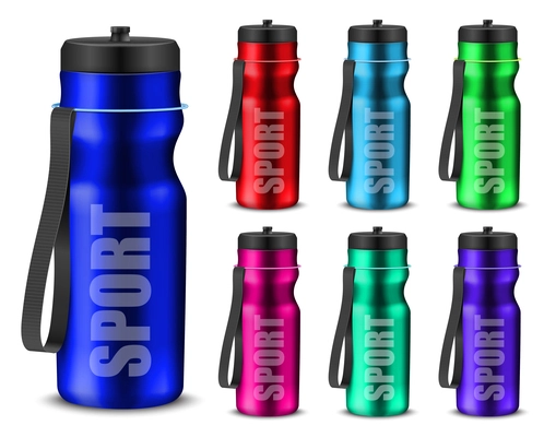 Collection of aluminum sport water bottles realistic template with carry strap  isolated vector illustration