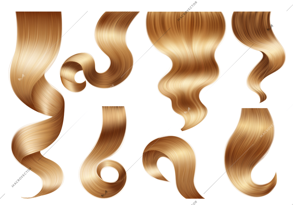 Realistic blond hair curl icons set with smooth shiny waves isolated vector illustration