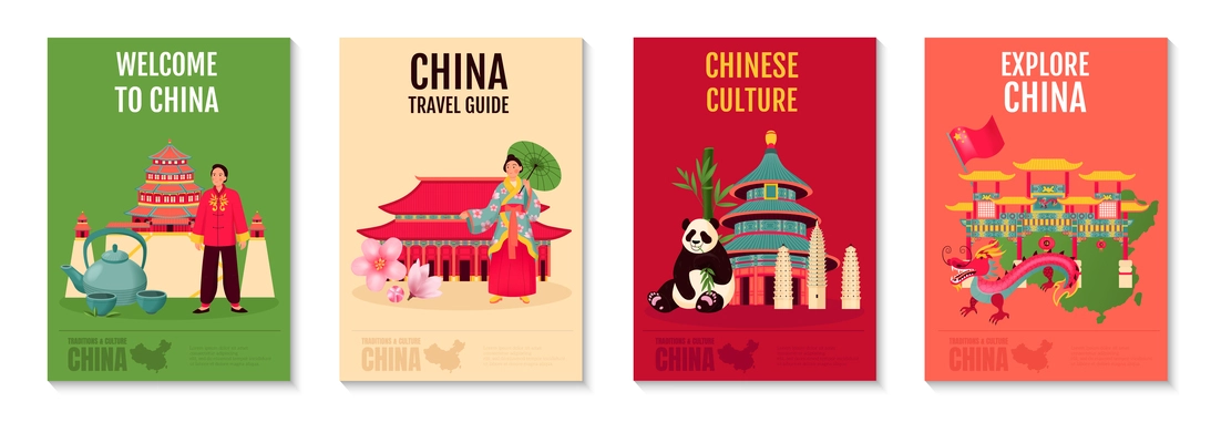 China poster flat set with travel landmarks and cultural symbols isolated vector illustration