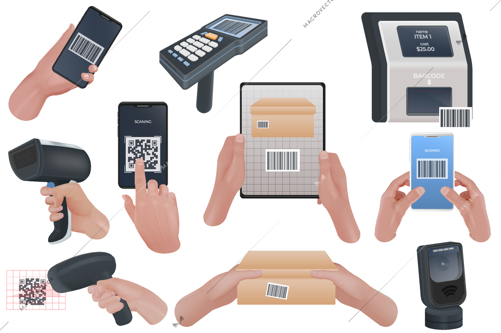 Scan codes set of realistic icons with isolated human hands holding scanners tags and cardboard boxes vector illustration