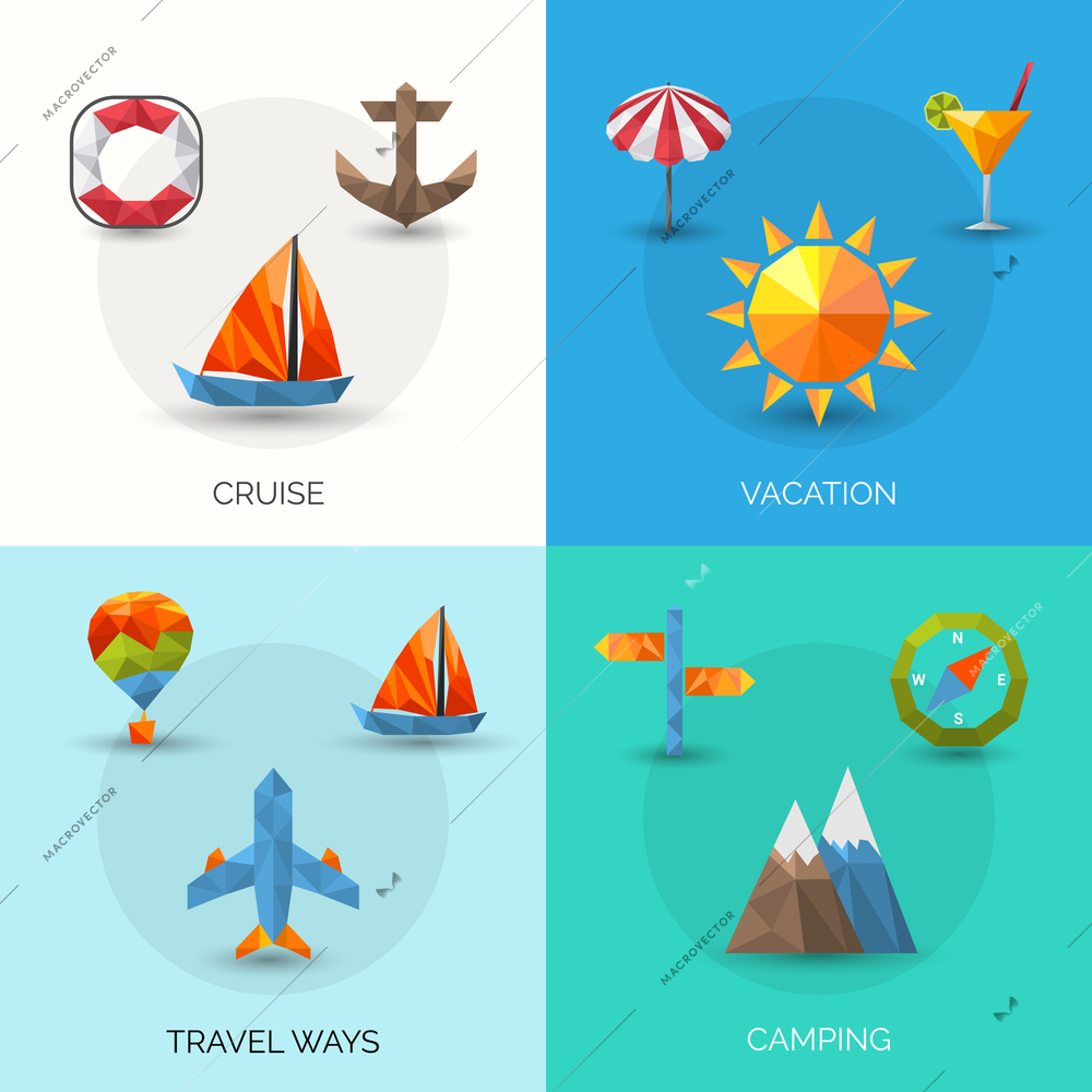 Travel design concept set with cruise vacation and camping polygonal icons isolated vector illustration