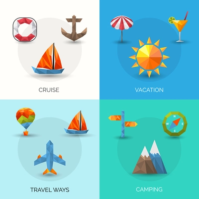 Travel design concept set with cruise vacation and camping polygonal icons isolated vector illustration