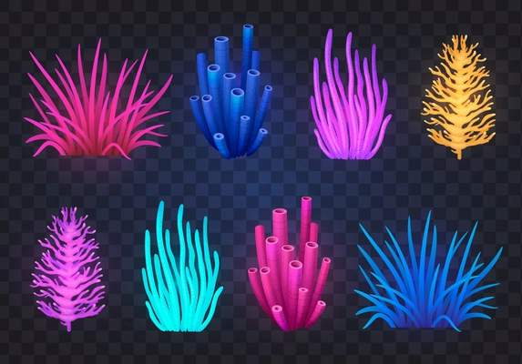 Underwater world cartoon icons set with colorful coral reefs isolated on transparent background vector illustration