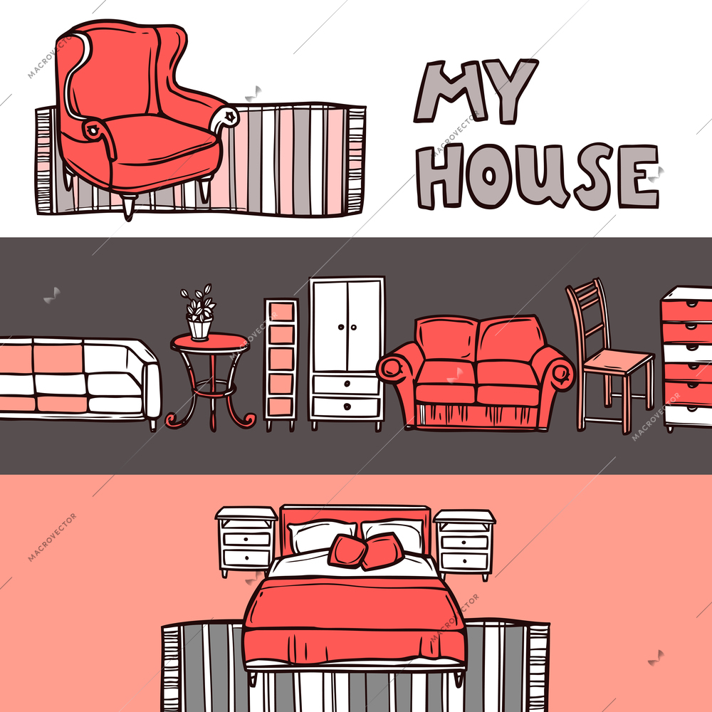 Furniture horizontal banner sketch set with house accessories isolated vector illustration