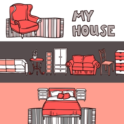 Furniture horizontal banner sketch set with house accessories isolated vector illustration