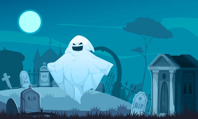 Ghost cartoon concept with cemetery and full moon on background vector illustration