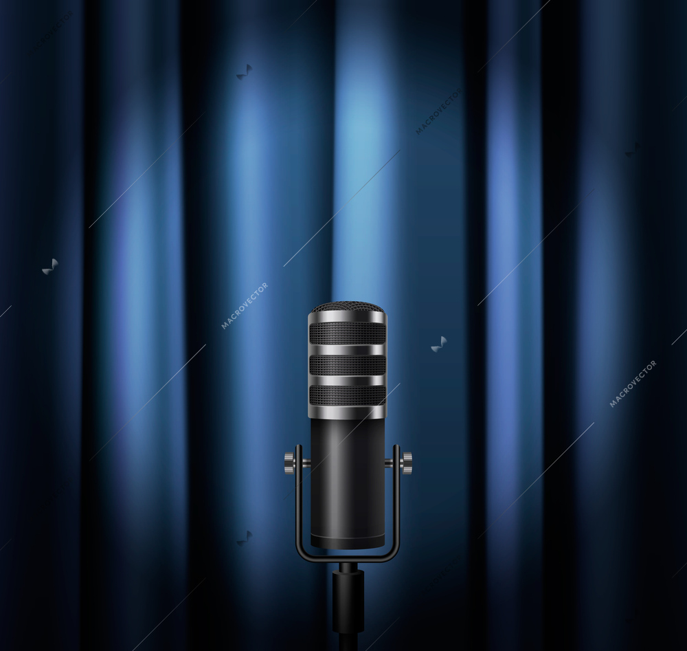 Microphone realistic poster with classic black chrome mic on blue curtain background vector illustration