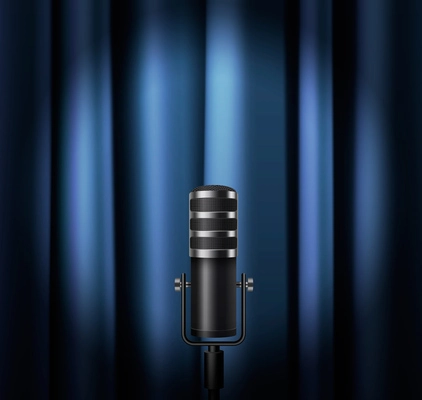 Microphone realistic poster with classic black chrome mic on blue curtain background vector illustration