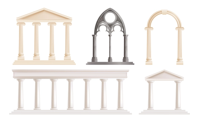 Realistic set of ancient classic ionic and tuscan columns and arches isolated vector illustration