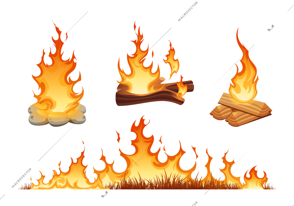 Fire flames set in flat style with burning wood grass and campfire fenced with stones isolated vector illustration