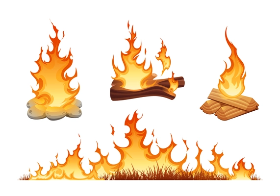 Fire flames set in flat style with burning wood grass and campfire fenced with stones isolated vector illustration