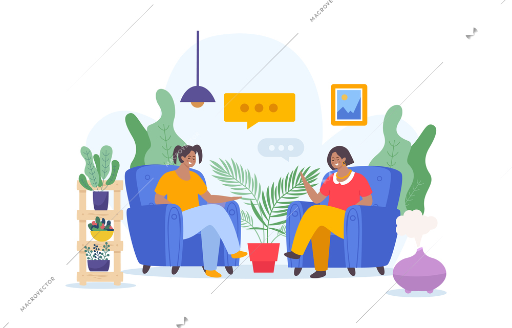 Negotiations concept flat composition with domestic scenery house plants and two women in armchairs having conversation vector illustration