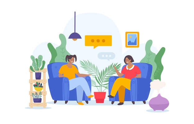 Negotiations concept flat composition with domestic scenery house plants and two women in armchairs having conversation vector illustration