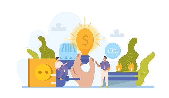 Energy economy flat composition with hand holding lamp bulb human characters co2 cloud and power socket vector illustration