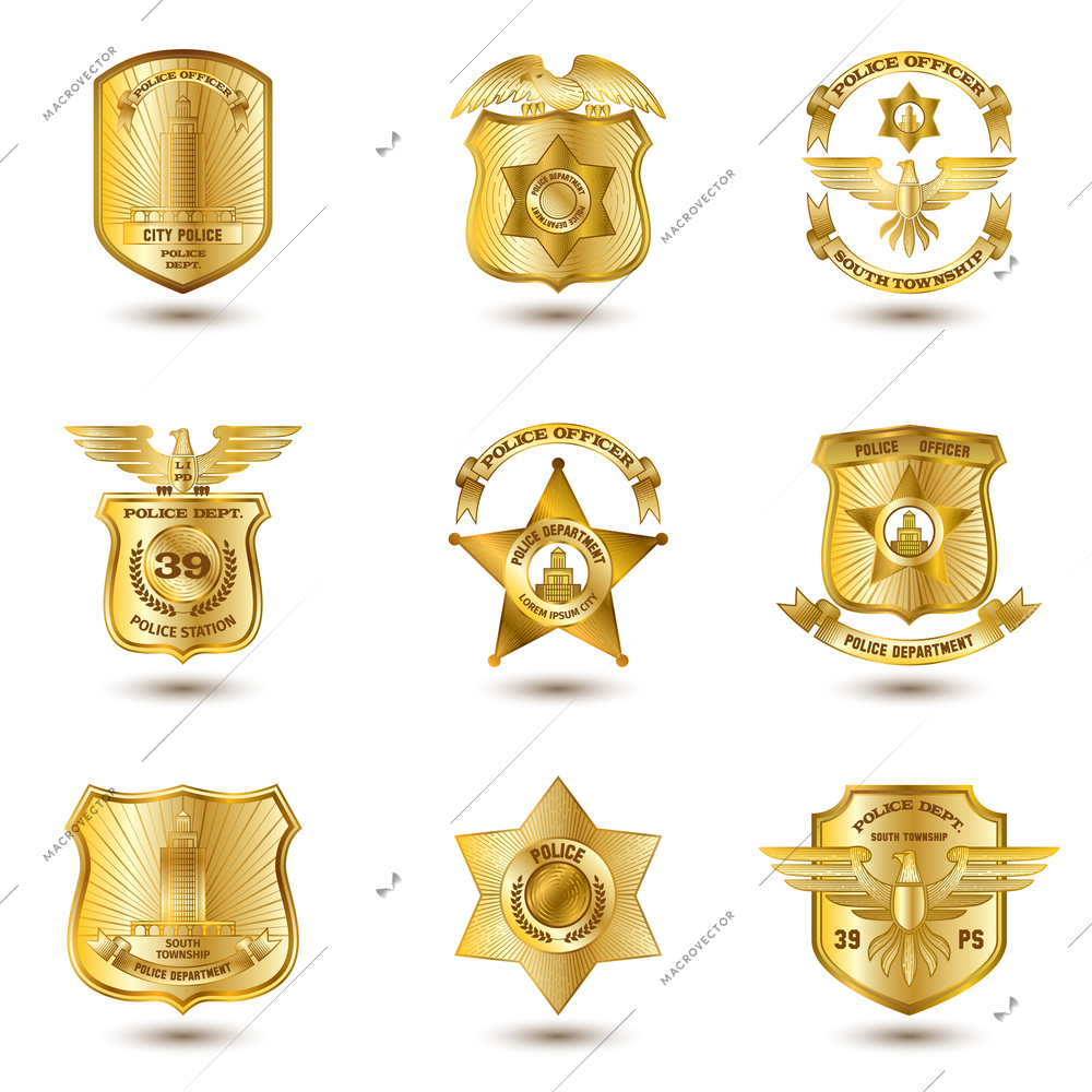 Police municipal city law enforcement department badges gold set isolated vector illustration