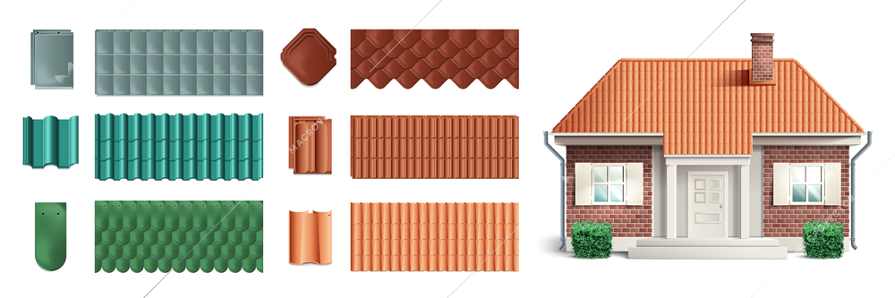 Realistic cottage tile roof icon set tiles of different sizes shapes and colors vector illustration