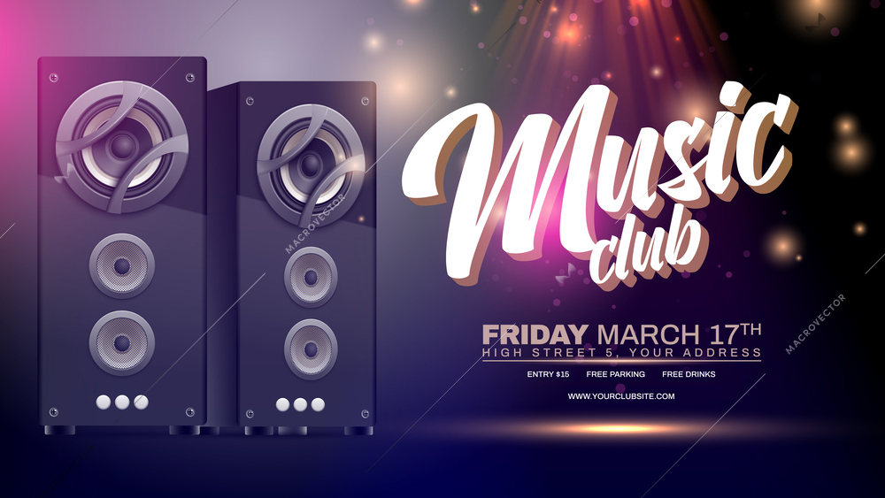 Isometric purple sound speakers horizontal poster with music club and date headline vector illustration