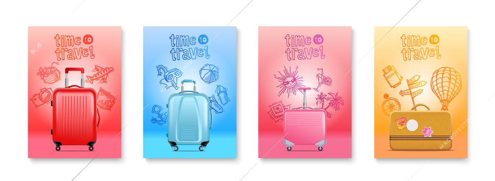 Four realistic travel poster set with four suitcase in different styles and colors vector illustration
